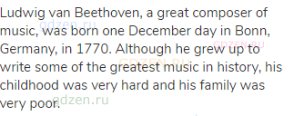 Ludwig van Beethoven, a great composer of music, was born one December day in Bonn, Germany, in