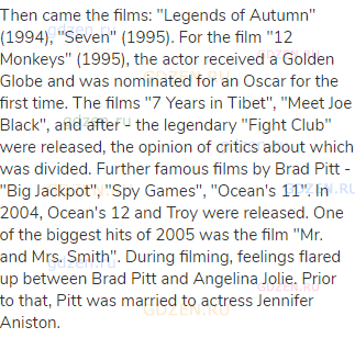 Then came the films: "Legends of Autumn" (1994), "Seven" (1995). For the film "12 Monkeys" (1995),