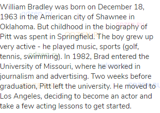 William Bradley was born on December 18, 1963 in the American city of Shawnee in Oklahoma. But