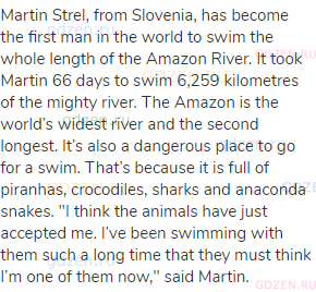 Martin Strel, from Slovenia, has become the first man in the world to swim the whole length of the