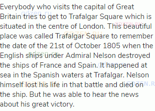 Everybody who visits the capital of Great Britain tries to get to Trafalgar Square which is situated