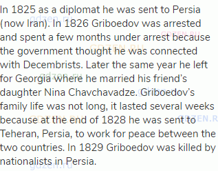 In 1825 as a diplomat he was sent to Persia (now Iran). In 1826 Griboedov was arrested and spent a