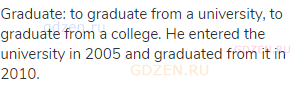 graduate: to graduate from a university, to graduate from a college. He entered the university in