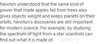 Newton understood that the same kind of power that made apples fall from trees also gives objects