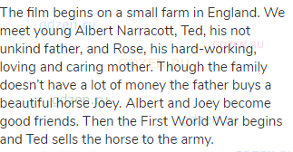 The film begins on a small farm in England. We meet young Albert Narracott, Ted, his not unkind
