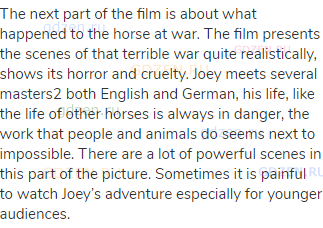 The next part of the film is about what happened to the horse at war. The film presents the scenes