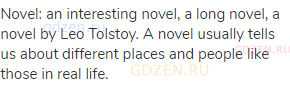 novel: an interesting novel, a long novel, a novel by Leo Tolstoy. A novel usually tells us about
