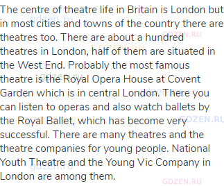 The centre of theatre life in Britain is London but in most cities and towns of the country there