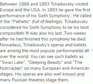 Between 1888 and 1893 Tchaikovsky visited Europe and the USA. In 1893 he gave the first performance