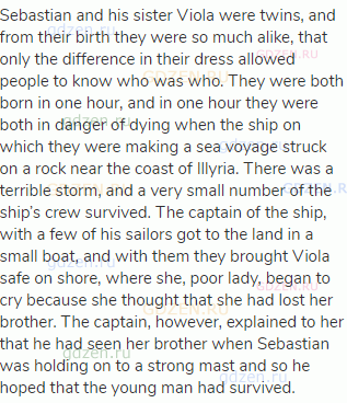 Sebastian and his sister Viola were twins, and from their birth they were so much alike, that only
