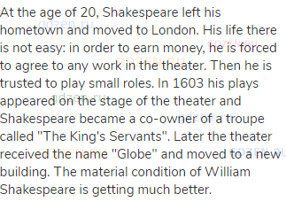 At the age of 20, Shakespeare left his hometown and moved to London. His life there is not easy: in