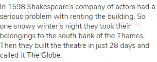 In 1598 Shakespeare’s company of actors had a serious problem with renting the building. So one