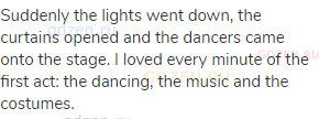 Suddenly the lights went down, the curtains opened and the dancers came onto the stage. I loved