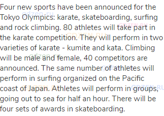 Four new sports have been announced for the Tokyo Olympics: karate, skateboarding, surfing and rock