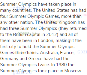 Summer Olympics have taken place in many countries. The United States has had four Summer Olympic