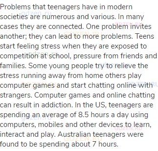Problems that teenagers have in modern societies are numerous and various. In many cases they are