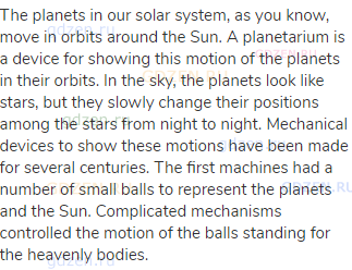 The planets in our solar system, as you know, move in orbits around the Sun. A planetarium is a