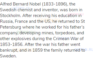 Alfred Bernard Nobel (1833-1896), the Swedish chemist and inventor, was born in Stockholm. After