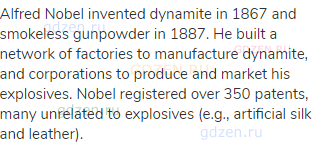 Alfred Nobel invented dynamite in 1867 and smokeless gunpowder in 1887. He built a network of