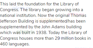 This laid the foundation for the Library of Congress. The library began growing into a national