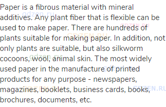 Paper is a fibrous material with mineral additives. Any plant fiber that is flexible can be used to