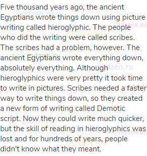 Five thousand years ago, the ancient Egyptians wrote things down using picture writing called