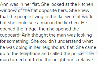 Ann was in her flat. She looked at the kitchen window of the flat opposite hers. She knew that the