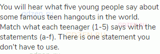 You will hear what five young people say about some famous teen hangouts in the world. Match what
