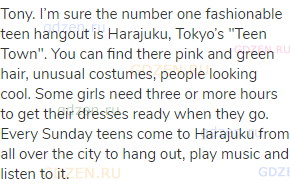 Tony. I’m sure the number one fashionable teen hangout is Harajuku, Tokyo’s "Teen Town". You can