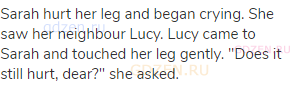Sarah hurt her leg and began crying. She saw her neighbour Lucy. Lucy came to Sarah and touched her