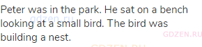Peter was in the park. He sat on a bench looking at a small bird. The bird was building a nest.