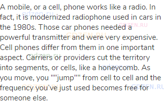 A mobile, or a cell, phone works like a radio. In fact, it is modernized radiophone used in cars in