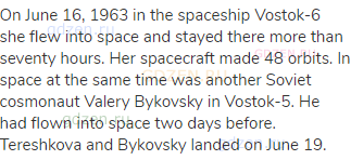 On June 16, 1963 in the spaceship Vostok-6 she flew into space and stayed there more than seventy