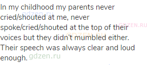 In my childhood my parents never cried/shouted at me, never spoke/cried/shouted at the top of their