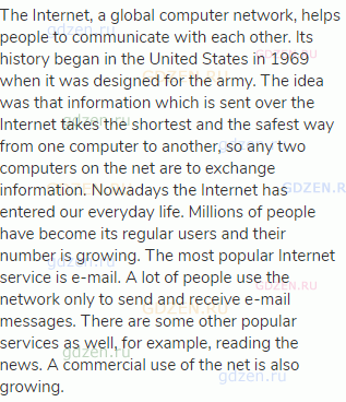 The Internet, a global computer network, helps people to communicate with each other. Its history