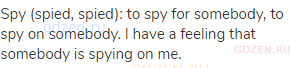 spy (spied, spied): to spy for somebody, to spy on somebody. I have a feeling that somebody is