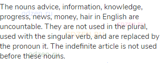 The nouns advice, information, knowledge, progress, news, money, hair in English are uncountable.