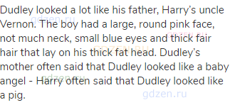 Dudley looked a lot like his father, Harry’s uncle Vernon. The boy had a large, round pink face,