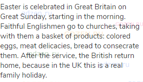 Easter is celebrated in Great Britain on Great Sunday, starting in the morning. Faithful Englishmen