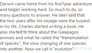 Darwin came home from his five?year adventure and began working hard. So much to do, so many