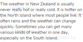 The weather in New Zealand is usually never really hot or really cold. It is hotter on the North