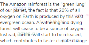 The Amazon rainforest is the "green lung" of our planet, the fact is that 20% of all oxygen on Earth