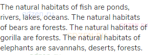The natural habitats of fish are ponds, rivers, lakes, oceans. The natural habitats of bears are
