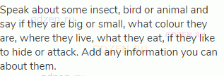 Speak about some insect, bird or animal and say if they are big or small, what colour they are,