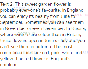 Text 2. This sweet garden flower is probably everyone’s favourite. In England you can enjoy its