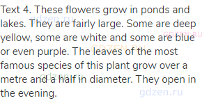 Text 4. These flowers grow in ponds and lakes. They are fairly large. Some are deep yellow, some are