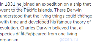 In 1831 he joined an expedition on a ship that went to the Pacific Islands. There Darwin understood