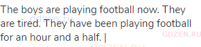 The boys are playing football now. They are tired. They have been playing football for an hour and a