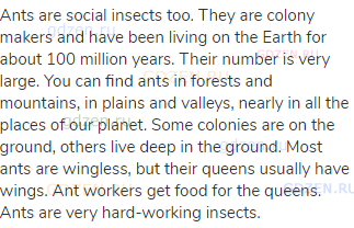 Ants are social insects too. They are colony makers and have been living on the Earth for about 100