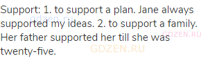 support: 1. to support a plan. Jane always supported my ideas. 2. to support a family. Her father
